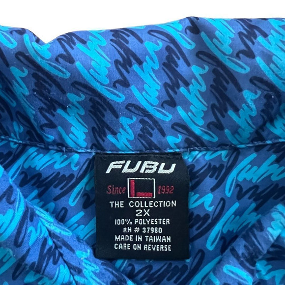 FUBU Men's 2X Vintage Spellout Graphic Print Blue Polyester Camp Shirt - Picture 5 of 5